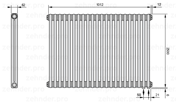 Схема (чертеж) Радиатор Zehnder Charleston 2250/22 №5510 Белый глянцевый RAL 9016